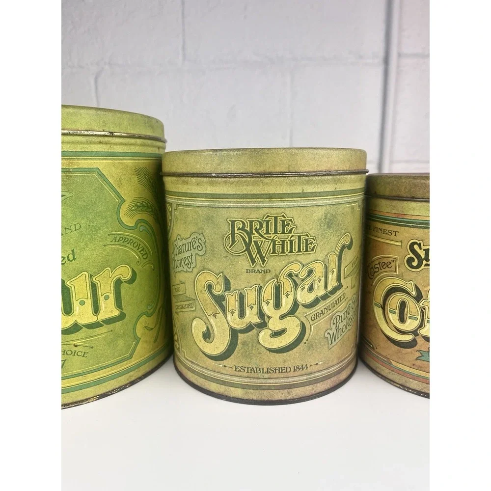 Vintage‎ Balonoff Canister Tin Set Green 1970s Rustic Flour Sugar Coffee Tea